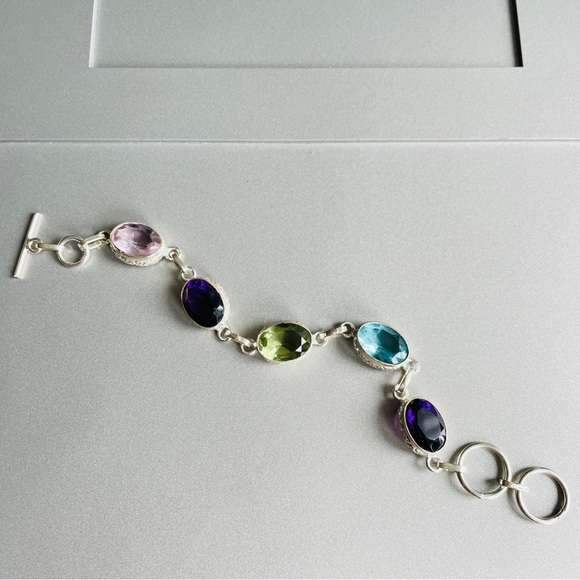 Multi Colored Cubic Zirconia Ornate Oval Link Sterling Silver Toggle Bra… - Picture 2 of 10